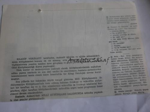 30 Mart 1960 - Yeni Türkiye Takvimi -Milli Kütüphane'de Mütalaa Salonu