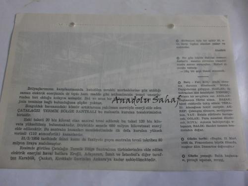 31 Mart 1960 - Yeni Türkiye Takvimi -Çatalağzı Santrali