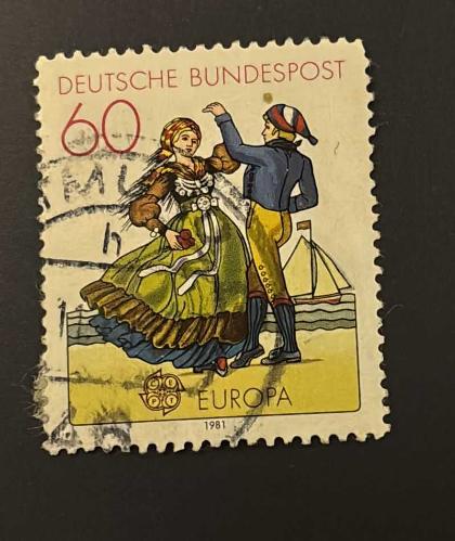 Almanya Pulu - Germany Stamp - Postadan Geçmiş Pul Filateli - Damgalı - Kuzey Almanya bölgesel kostümlerle dans eden çifti tasvir eden pul,  60 PARA - YABANCI PULLAR-NOSTALJİK DOĞUM GÜNÜ HEDİYESİ
