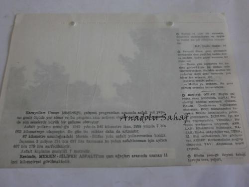 1 Nisan 1960 - Yeni Türkiye Takvimi - Mersin - Silifke Asfaltı