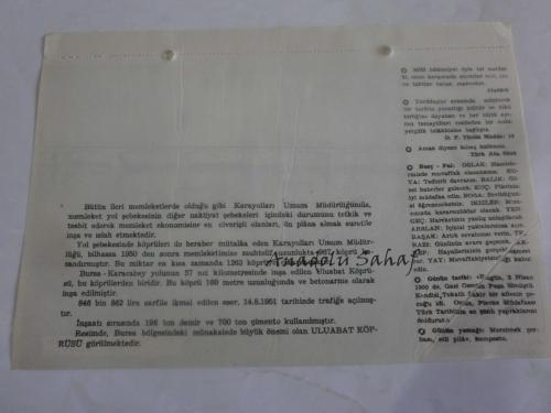 5 Nisan 1960 - Yeni Türkiye Takvimi - Bursa Karacabey Uluabat Köprüsü
