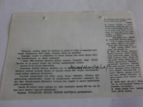 7 Nisan 1960 - Yeni Türkiye Takvimi - Tunçbilek Bölge Termik Santrali