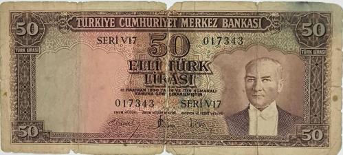 5.Emisyon 4. Tertip 50 Lira  ( İngiltere Baskı) Kurşuni ( Orta Bordürde Bant izi ve açılma vardır )