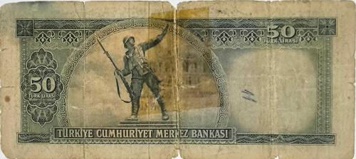 5.Emisyon 4. Tertip 50 Lira  ( İngiltere Baskı) Kurşuni ( Orta Bordürde Bant izi ve açılma vardır )