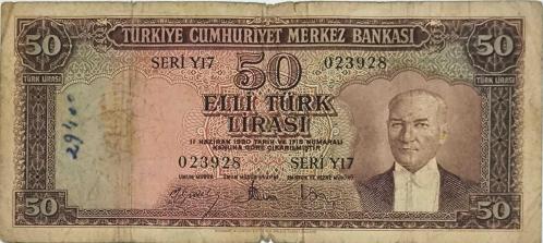 5.Emisyon 4. Tertip 50 Lira  ( İngiltere Baskı) Kurşuni
