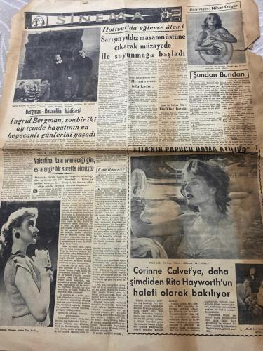 YENİ SABAH GAZETESİ - DOĞUM GÜNÜ HEDİYESİ (TURKISH NEWSPAPPER) - 24 TEMMUZ 1949 - SADECE DÖRT SAYFADIR -Nihat Erim-Banguoğlu-Esat Mahmut Karakurt-Nihat Özgür-Ingrid Bergman-Rossellini-Valentino-Corinne Calvet-Rita Hayworth-Başbakan dün İstanbula geldi-Amerikaya karşı yeni Rus sulh taarruzu-Hürriyeti Ebediyetepeşinde dün yapılan merasim-Hatayın kurtuluşu heyecanla kutlandı-Nihat Erimle Banguoğlunun son propaganda seyahati-Mübarek Kadir gecesi-Muallimler Birliği Terbiye Kongresi dün kapadı-Yeni Sabahın dünya turu-Esat Mahmut Karakurtla mülâkat yapan İspanyol gazetesi neler yazıyor-İngiltere doğuya mı yanaşıyor-İki kız kardeş bir erkeği bıçakla öldürdüler-SİNEMA-Bergman Rossellini hâdisesi-Ingrid Bergman, sonbir iki ay içinde hayatının en heyecanlı günlerini yaşadı-Holivutta eğlence âlemi-Sarışın yıldız masanın üstüne çıkarak müzayede ile soyunmağa başladı-Şundan Bundan-Valentino, tam evleneceği gün, esrarengiz bir surette ölmüştü-Corinne Calvete, daha şimdiden Rita Hayworthun halefi olar