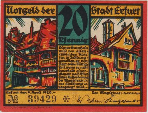 *** ALMANYA 20 PFENNİG 1920 NOTGELD-ERFURT ŞEHRİ. ÇİL.