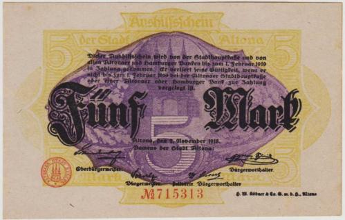 *** ALMANYA 5 MARK 1918 NOTGELD-ALTONA ŞEHRİ. ÇİL.