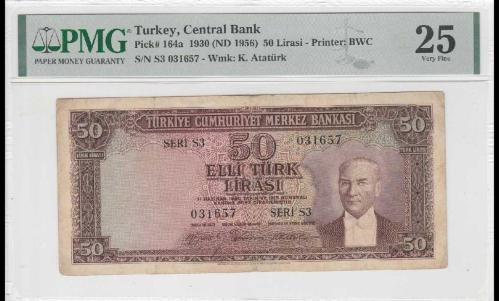 LOT.13 » TC 5. Emisyon 3. Tertip 50 Lira S3 Serisi PMG 25 (Gül Kurusu)