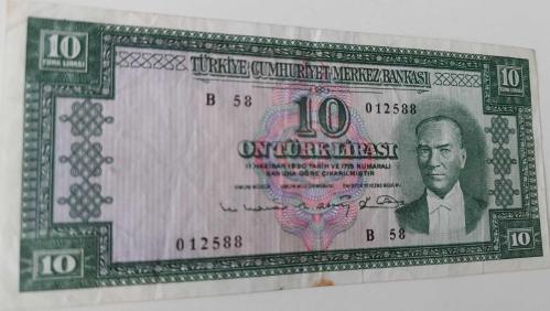 5.EMİSYON 6.TERTİP 10 ON TÜRK LİRASI B58 012588 SERİ NOLU NATÜREL ÇOK ÇOK TEMİZ KAĞIT PARA