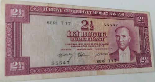 5.EMİSYON 2.TERTİP 2,5 (2½) TÜRK LİRASI SERİ T17 55547 NOLU NATÜREL KAĞIT PARA GÜZEL NUMARA NADİR