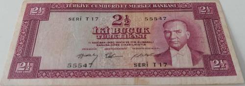 5.EMİSYON 2.TERTİP 2,5 (2½) TÜRK LİRASI SERİ T17 55547 NOLU NATÜREL KAĞIT PARA GÜZEL NUMARA NADİR
