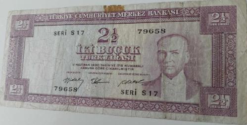 5.EMİSYON 2.TERTİP 2,5 (2½) TÜRK LİRASI SERİ S17 79658 NOLU NATÜREL KAĞIT PARA NADİR