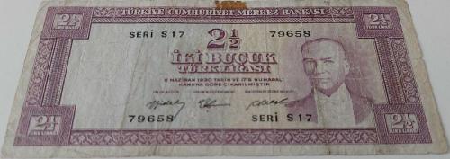 5.EMİSYON 2.TERTİP 2,5 (2½) TÜRK LİRASI SERİ S17 79658 NOLU NATÜREL KAĞIT PARA NADİR
