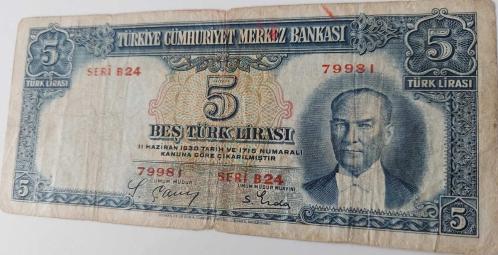 2.EMİSYON 1.TERTİP 5 BEŞ TÜRK LİRASI SERİ B24 79981 NOLU NATÜREL KAĞIT PARA EN NADİRİ