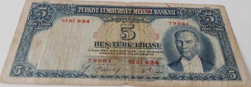 2.EMİSYON 1.TERTİP 5 BEŞ TÜRK LİRASI SERİ B24 79981 NOLU NATÜREL KAĞIT PARA EN NADİRİ