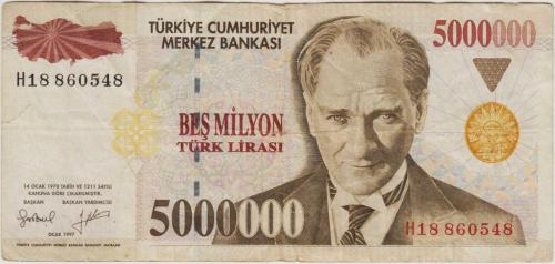 7. EMİSYON 5.000.000 LİRA H18 sol kenarda 1 cm yırtık ÇT(-)