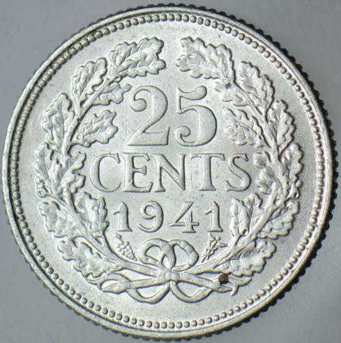 HOLLANDA 25 CENT 1941 GÜMÜŞ 3,57 gr. II. DÜNYA SAVAŞI-KRALİÇE WİLHELMİNA DÖNEMİ. ÇİLALTI+