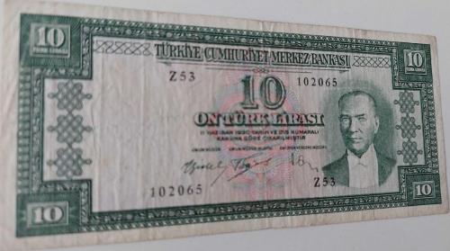 5.EMİSYON 5.TERTİP 10 ON TÜRK LİRASI  SERİ Z53 102063 SERİ NOLU NATÜREL ÇOK ÇOK TEMİZ KAĞIT PARA NADİR