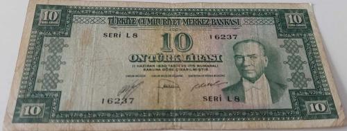 5.EMİSYON 2.TERTİP 10 ON TÜRK LİRASI  SERİ L8 16237 SERİ NOLU NATÜREL ÇOK TEMİZ KAĞIT PARA NADİRİ
