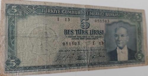 5.EMİSYON 4.TERTİP 5 BEŞ TÜRK LİRASI KAĞIT PARA I13 051503 SERİ NOLU NATÜREL NADİRDİR