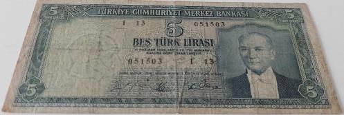 5.EMİSYON 4.TERTİP 5 BEŞ TÜRK LİRASI KAĞIT PARA I13 051503 SERİ NOLU NATÜREL NADİRDİR