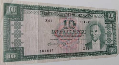 5.EMİSYON 5.TERTİP 10 ON TÜRK LİRASI  SERİ Z61 284647 SERİ NOLU NATÜREL ÇOK TEMİZ KAĞIT PARA NADİRİ