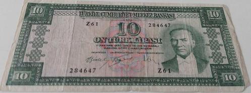 5.EMİSYON 5.TERTİP 10 ON TÜRK LİRASI  SERİ Z61 284647 SERİ NOLU NATÜREL ÇOK TEMİZ KAĞIT PARA NADİRİ