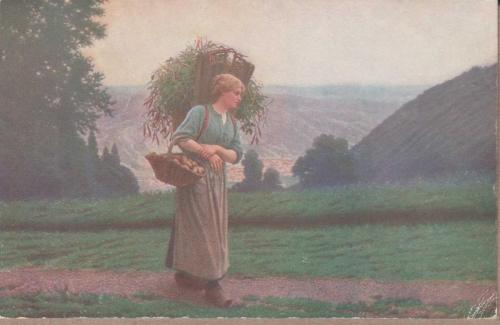 1915 YILI TAŞ BASKI YUMURTA TAŞIYAN KÖYLÜ KADIN GÖRSELLİ  ÇİZİM TABLO KARTPOSTAL