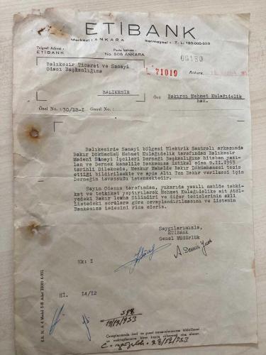 1953 ETİBANK GENEL MÜDÜRLÜK İMZALI RESMİ YAZIŞMA - BAKIR SANAYİ TAHSİSİ KONULU NADİR EVRAK