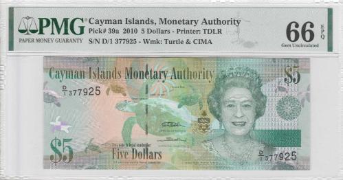 LOT.6 » Cayman Adaları 5 Dollars 2010 PMG 66EPQ Gem Uncirculated D1377925