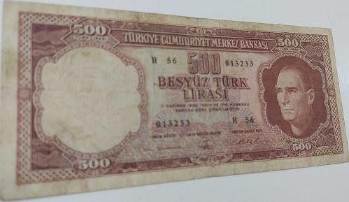 5.EMİSYON 3.TERTİP 500 TÜRK LİRASI KAĞIT PARA R56 013233 SERİ NUMARALI NATÜREL ÇOK ÇOK TEMİZ GÜZEL NUMARALI ÇOK NADİRDİR