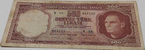 5.EMİSYON 3.TERTİP 500 TÜRK LİRASI KAĞIT PARA R56 013233 SERİ NUMARALI NATÜREL ÇOK ÇOK TEMİZ GÜZEL NUMARALI ÇOK NADİRDİR