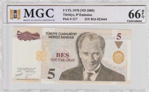 LOT.2 » Türkiye 5 YTL (Özel Seri No) 2005 MGC 66 UNC B16023444 