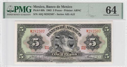 LOT.16 » Meksika 5 Pesos 1963 PMG 64 Choice Uncirculated AQM282507