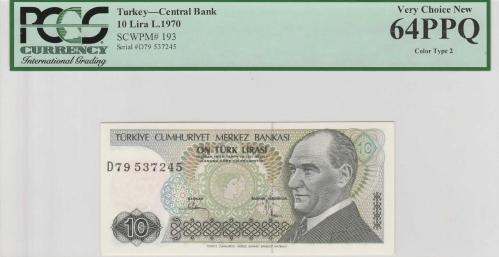 LOT.8 » Türkiye 10 Lira 1970 PCGS 64PPQ Very Choice New D7957245