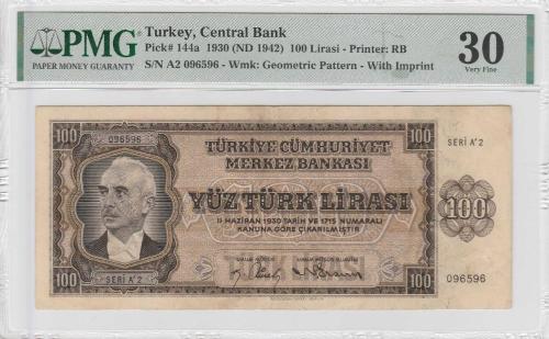 LOT.20 » Türkiye 100 Lira 3. Emisyon (Üzüm yiyen kız) (İ. İnönü) 1942 PMG 30 Very Fine A2096596