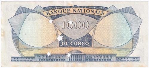 1964 Kongo Demokratik Cumhuriyeti 1000 Francs İptal Delikli Çil Kondisyonda Koleksiyonluk Yabancı Kağıt Para